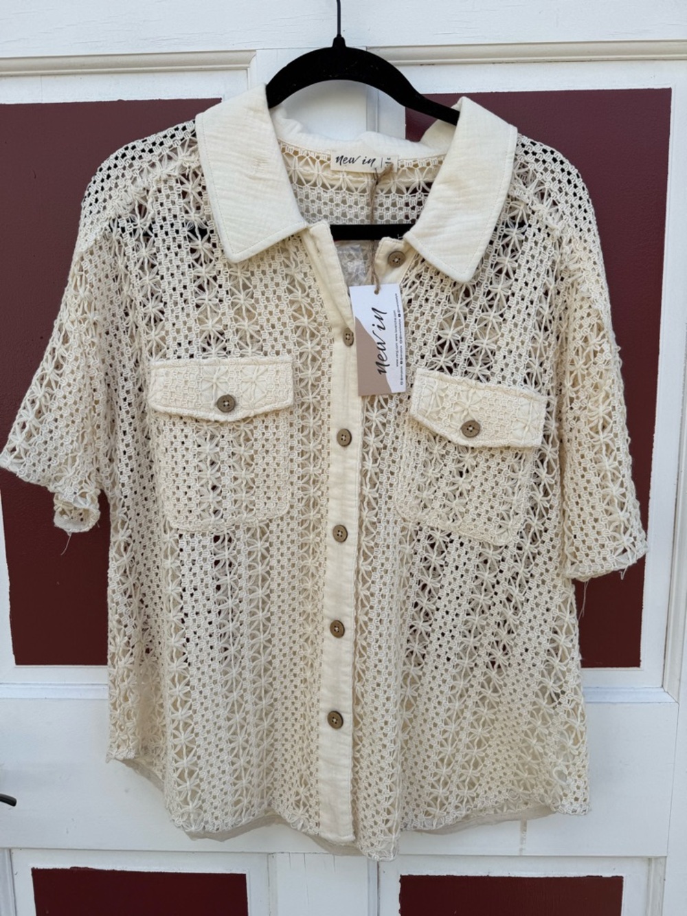 New In Cream Crochet Button-Down Shirt